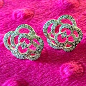 Silvertone Rose Rhinestone Earrings